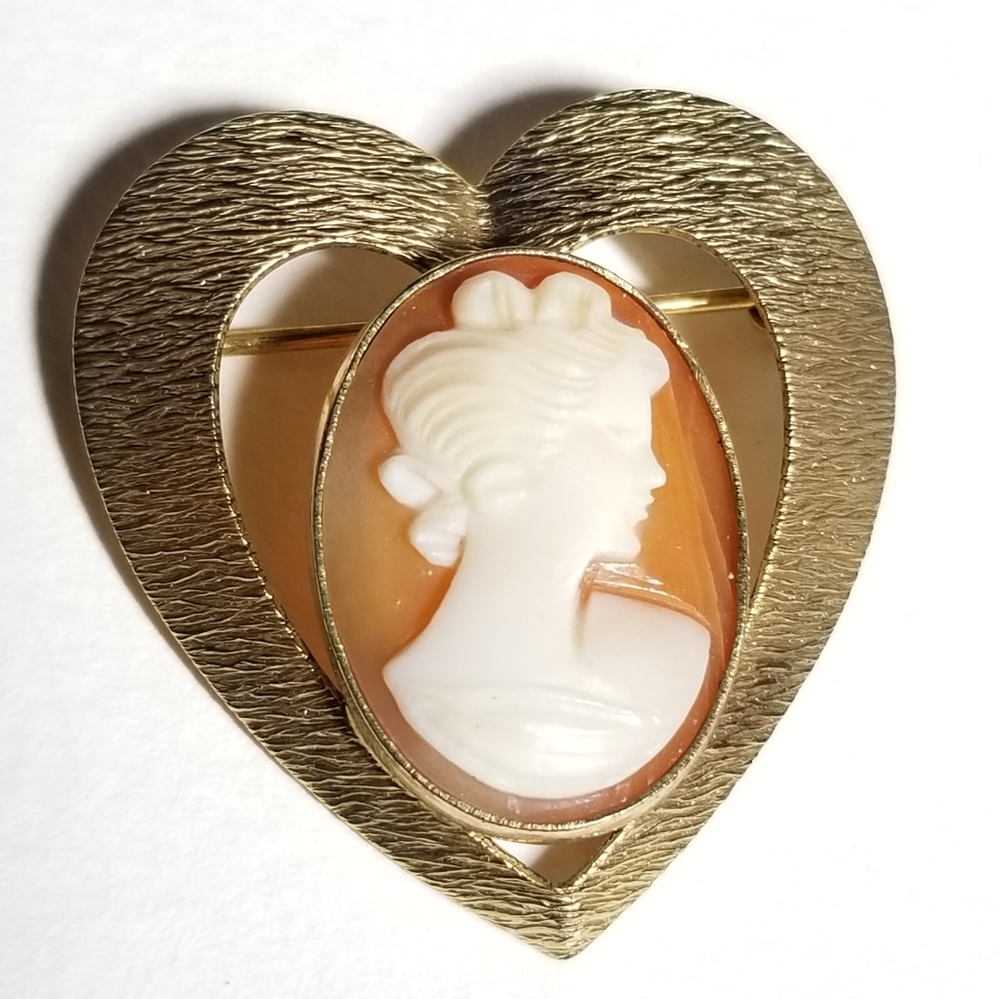 Vintage cameo brooch heart Bal-Ron 1/20 12k G.F. gold filled shell balron
